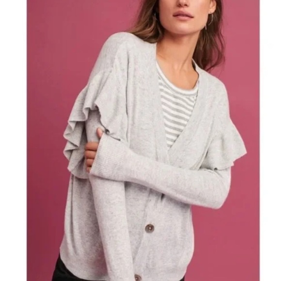 𝅺Line & Dot Eulalia Ruffle Sleeve Cardigan Sweater Light Gray - Picture 2 of 5